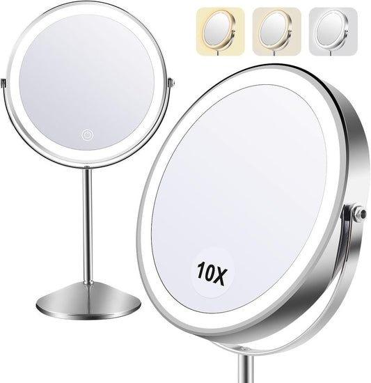 Lighted Makeup Mirror - 1x/10x Magnifying Vanity Mirror with Adjustable Brightness | 8" Round, 360° Rotation, Rechargeable