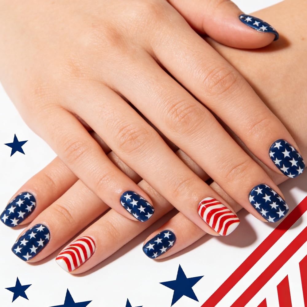 24Pcs 4th of July Press on Nails Medium Square Fake Nails with Star Designs Patriotic Glossy False Nail Fourth of July Nails - 4th of July Nails for Women Girls