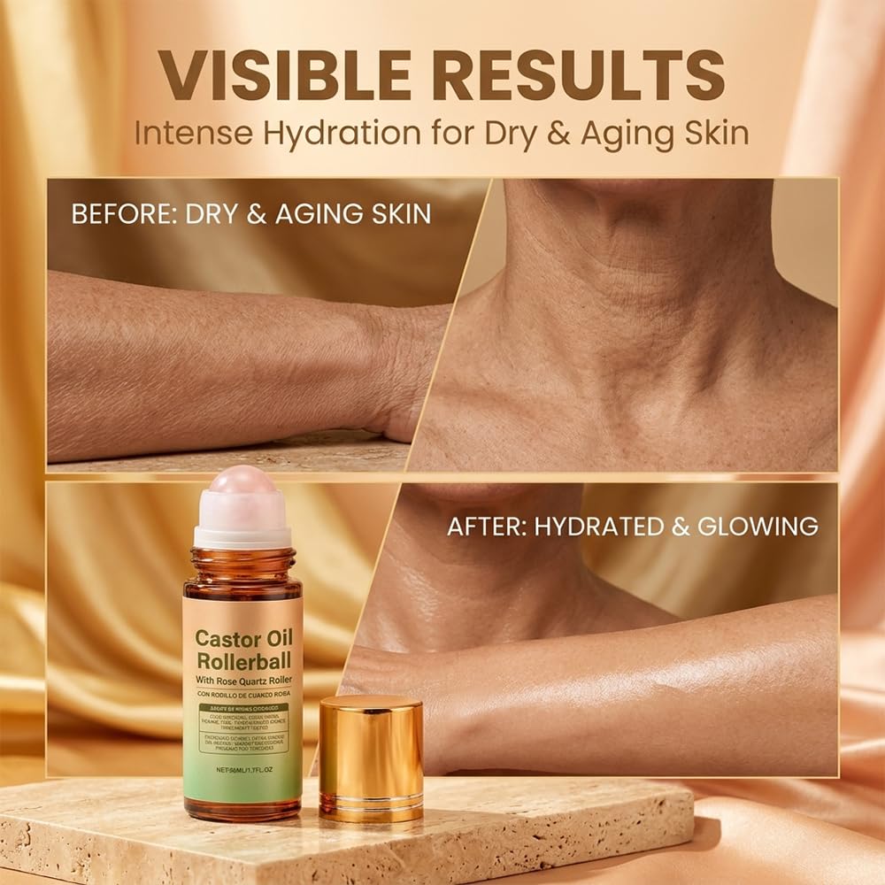 Castor Oil with Rose Quartz Roller - 100% Cold Pressed Moisturizing Oil for Face, Body & Hair | 1 Pcs