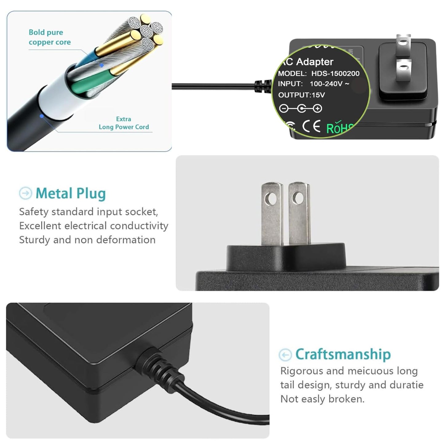 15V 1A DC Power Supply Adapter Charger Cable Compatible with Litter Robot 3,Litter Robot Power Supply, Self-Cleaning Cat Litter Boxes and More -6.6FT(Converter DC 5.5mm x 2.1mm/5.5mm x 2.5mm Plug)