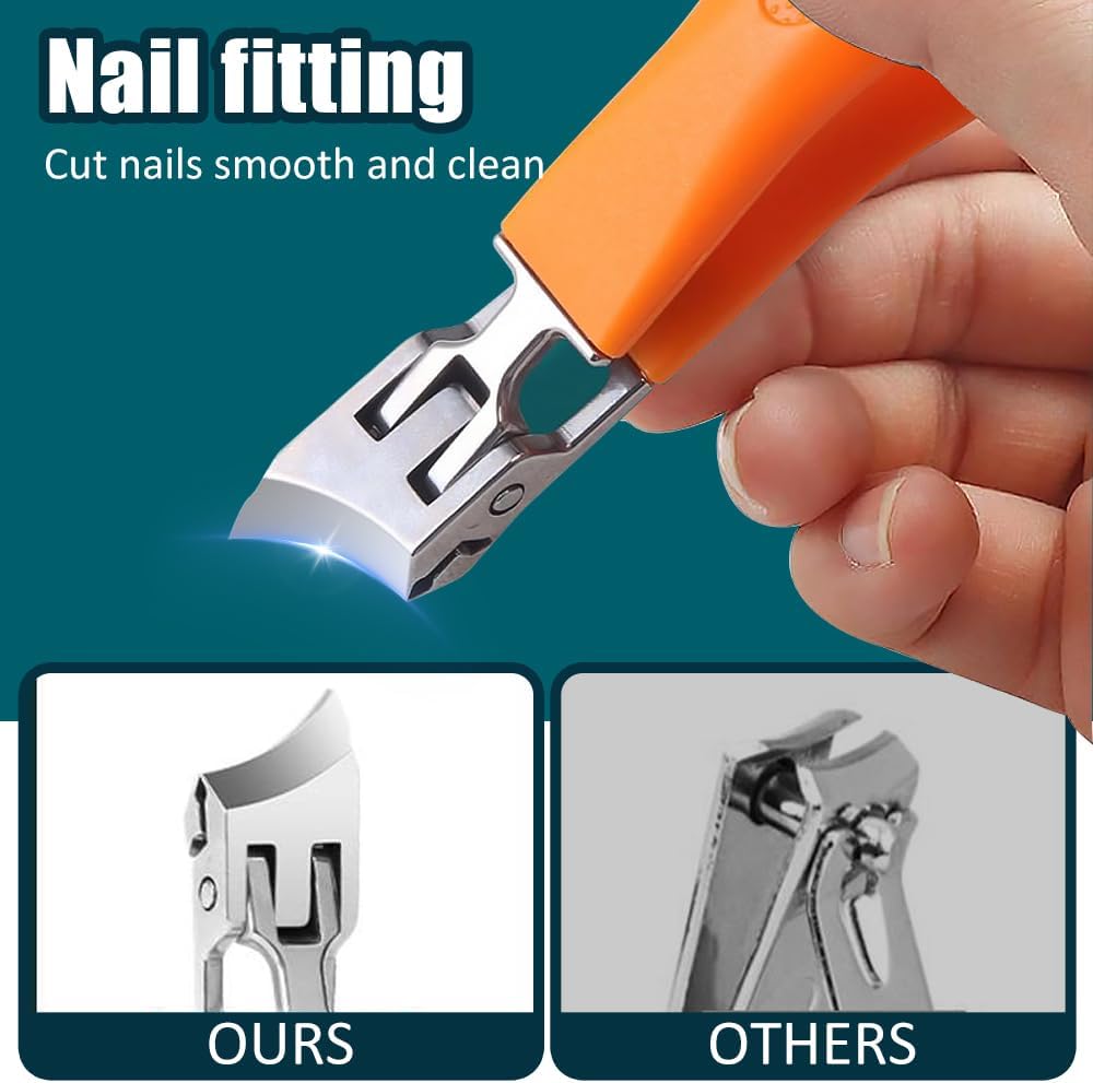 Wide Jaw Opening Anti-Splash Slanted Nail Clipper - Curved Fingernail & Toenail Clippers for Thick Nails | Black & Orange