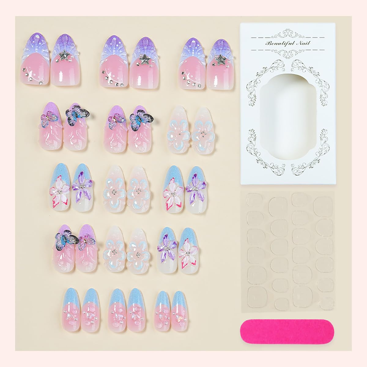 Press-On Nails - 30 Pcs Medium Almond Floral Design with 3D Butterflies & Rhinestones | Blue French Tip