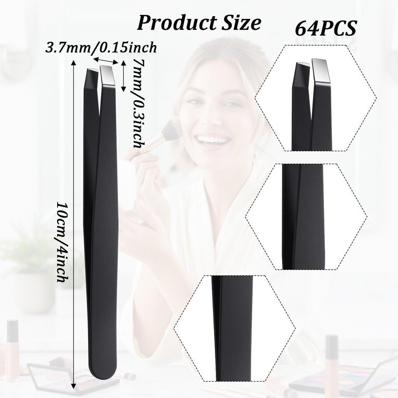 64 Pieces Eyebrow Tweezers Bulk Stainless Steel Slant Tip Precision Tweezers for Facial Hair, Blackhead and Tick Remover, Men and Women Professional