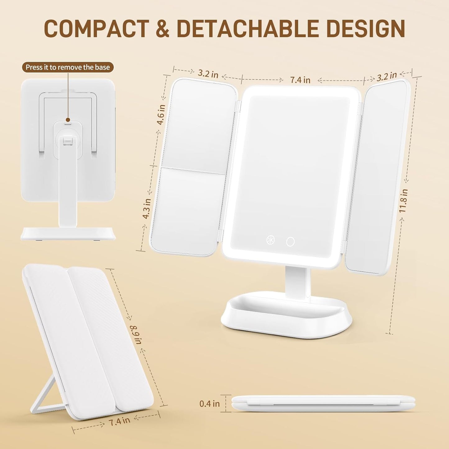 Illuminated Makeup Mirror - 1X/3X/5X Magnification, Dimmable Soft Light, 360° Rotation | Rechargeable Trifold Mirror for Travel & Dorm