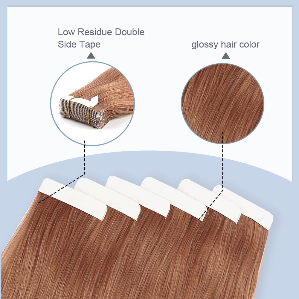 Light Brown Straight Tape In Hair Extensions 18 Inch HuxoWax VirgIn Remy Tape In Hair Extensions Double Weft Hair Weave #30 Color