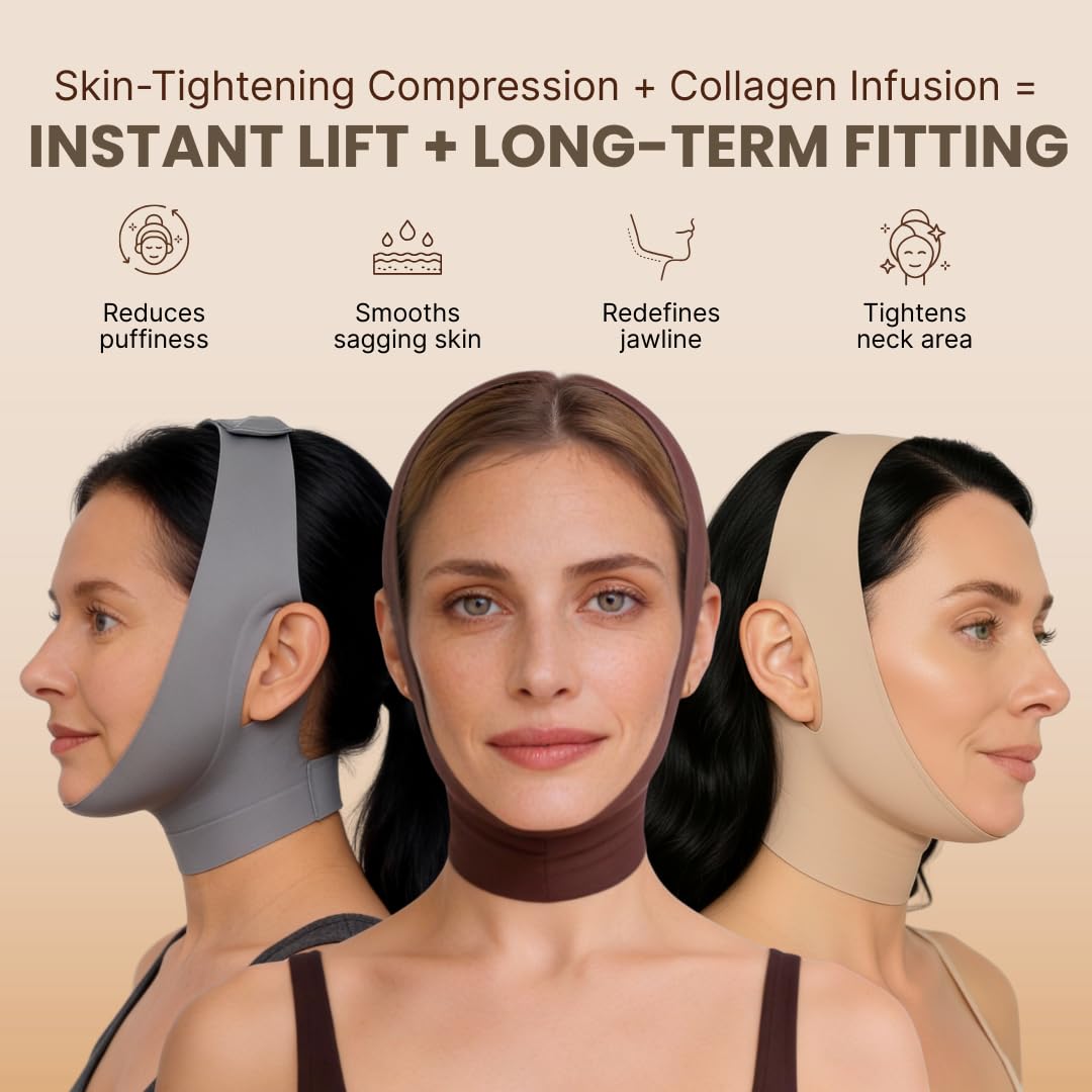 Collagen Face Sculpt Wrap - Reusable Chin Strap for Jawline Shaping | 2 PCS, Adjustable & Breathable (Brown)
