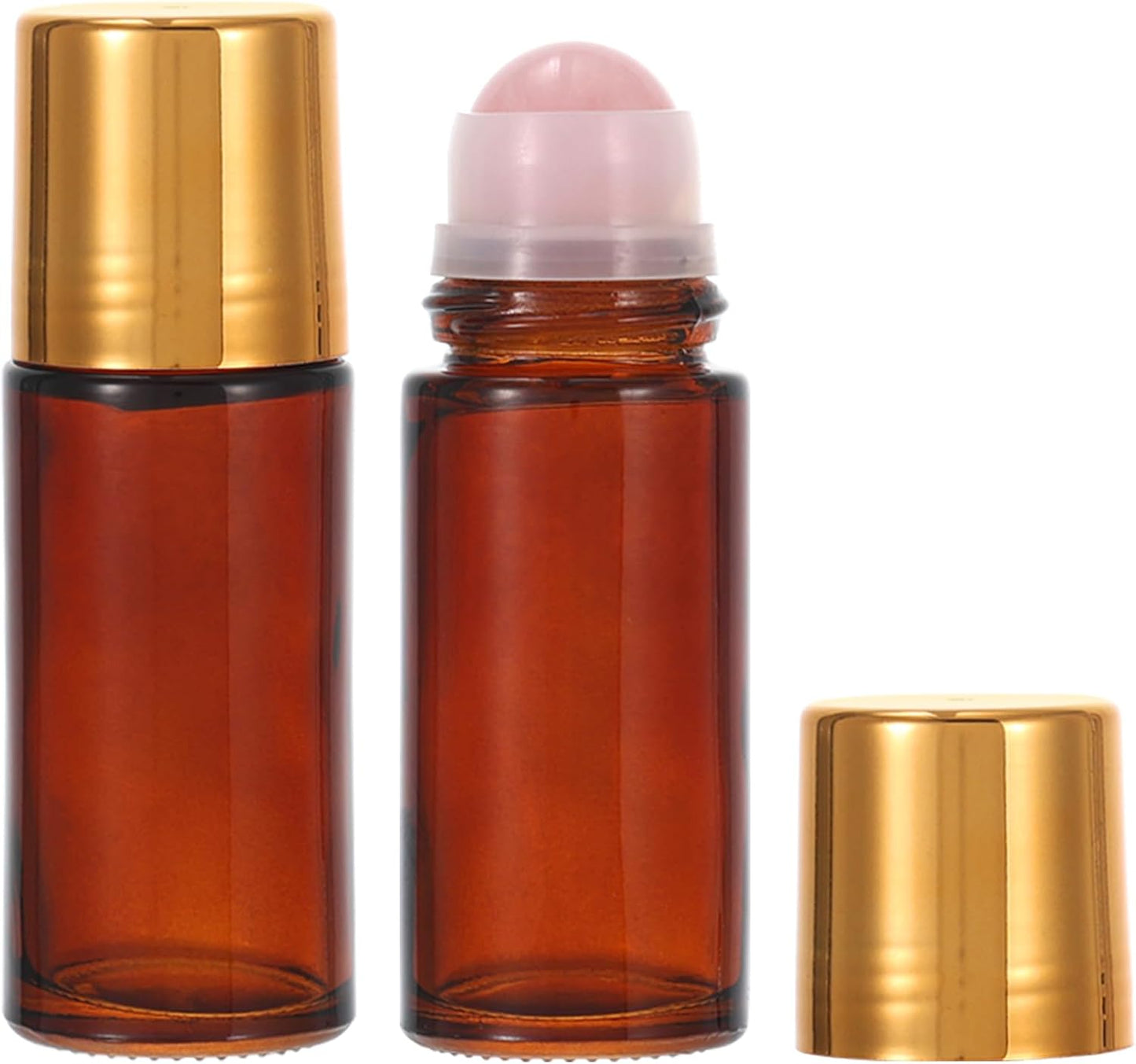 Amber Glass Roll-On Bottles for Essential Oils - 2 Pack 1.7oz Refillable Applicators with Rose Quartz Roller Ball | Leak-Proof Aromatherapy Containers