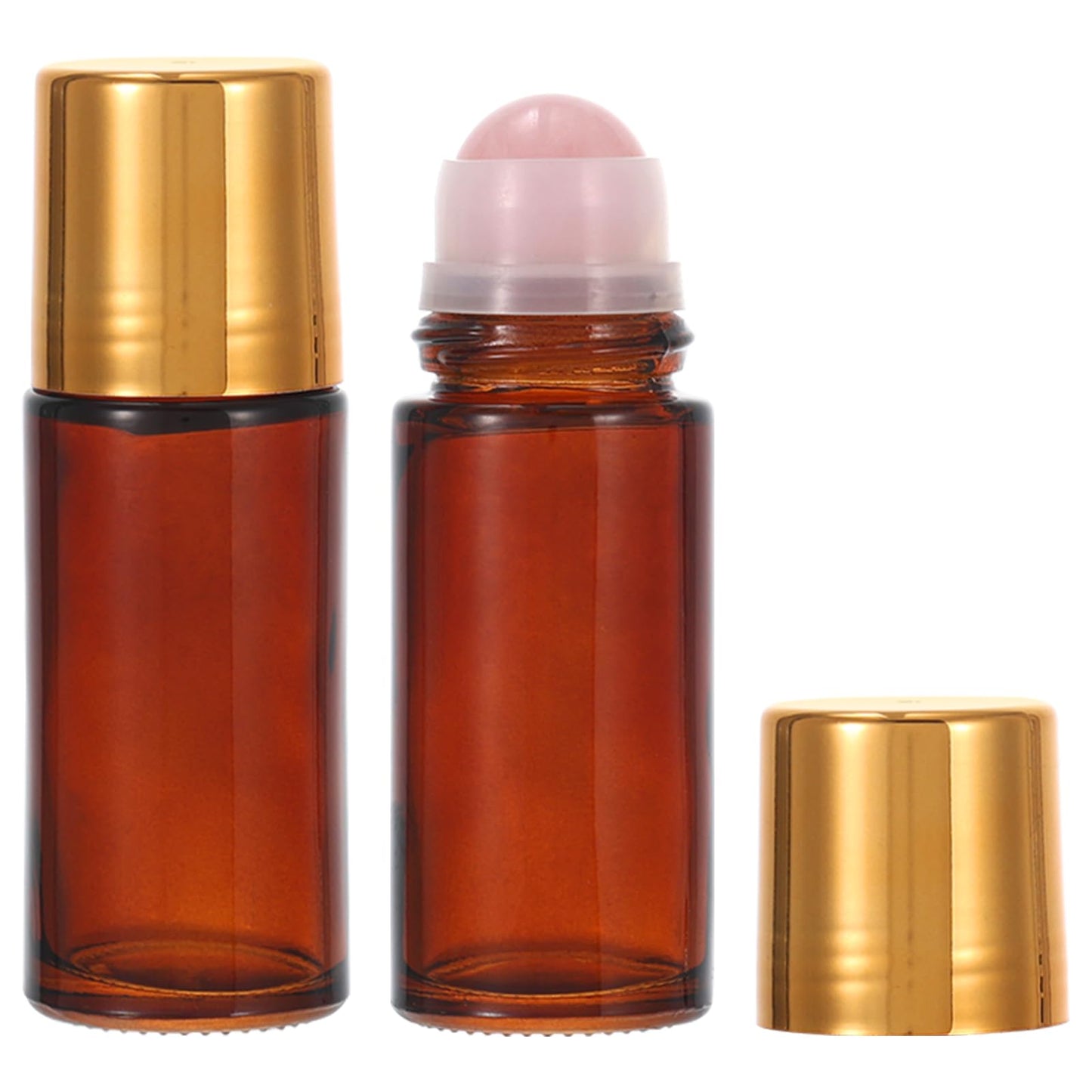 2 Pack 1.7oz Large Amber Glass Roll on Bottles for Essential Oils, Refillable Roller Ball Applicator with Rose Quartz Roller Ball, Perfume Deodorant Containers, Leak-Proof for Aromatherapy & Skincare