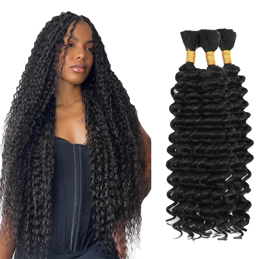 Natural Color Human Hair Braiding Hair - 16 Inch Black Deep Wave | 3 Bundles of Unprocessed Brazilian Virgin Hair