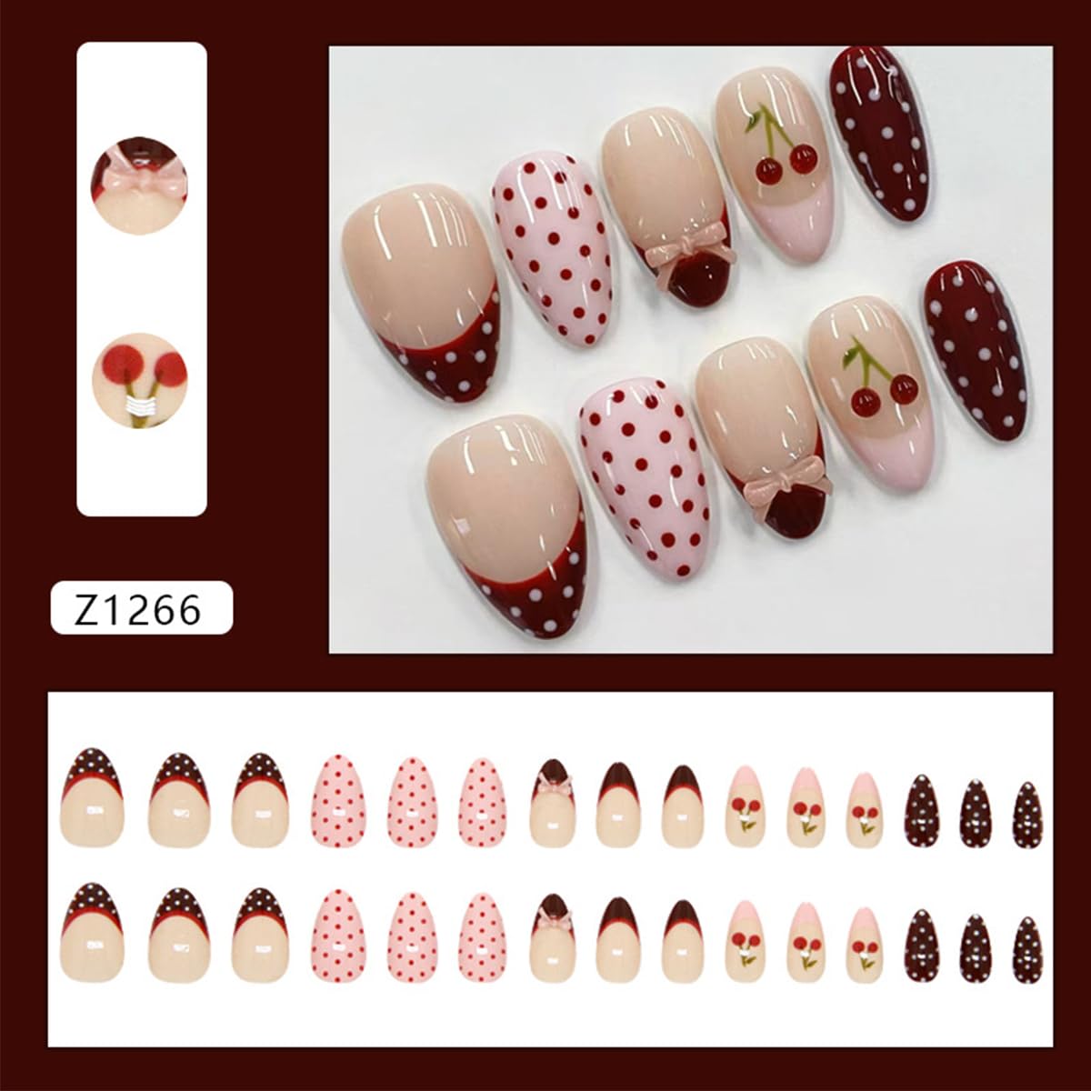 24Pcs Polka Dot Cherry Press on Nails Medium Almond Shape Fake Nails with Bow Design Glossy Red Pink French Tip False Nails Reusable Handmade Acrylic Stick on Nails for Women Girls Manicure