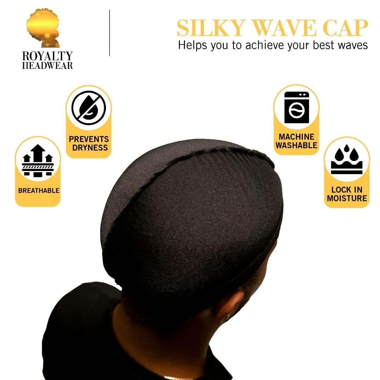 Royalty Headwear Silky Wave Cap for 360, 540 & 720 Waves, Soft Breathable Durag Skull Cap Beanie for Men (US, Alpha, One Size, Silver)