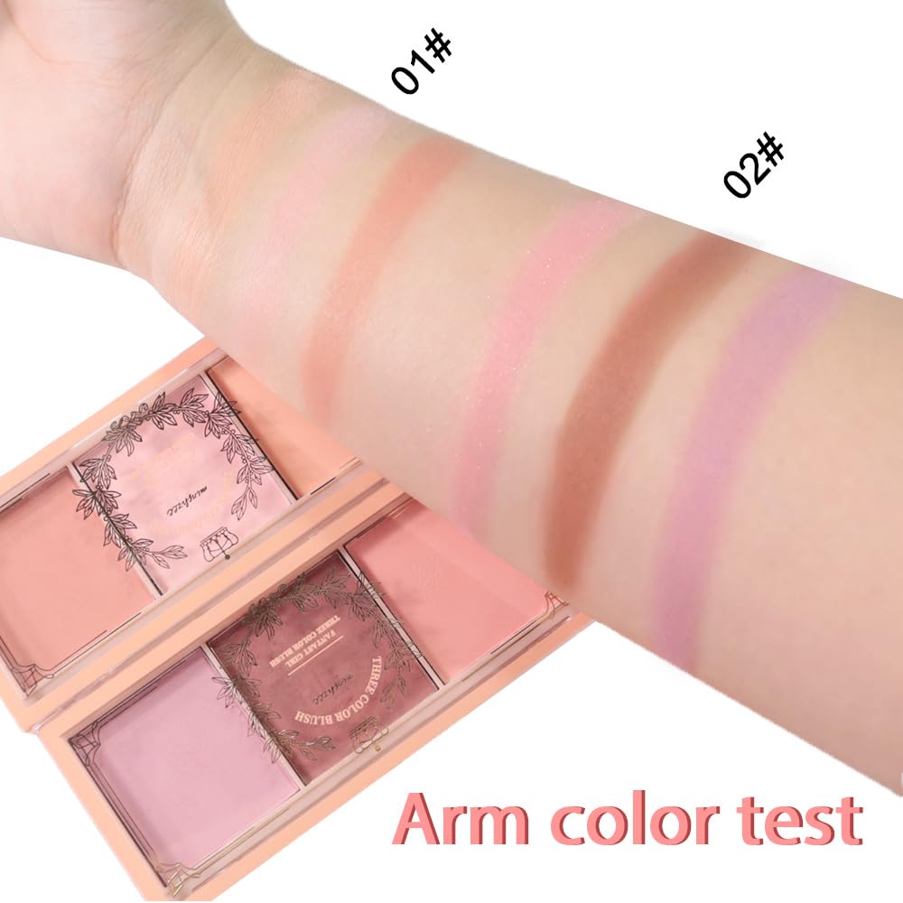 HHLTOH 3 Colors Face Matte Blush Palette Shading Blusher - Buildable Facial Cheek Blusher Contour Bronzing Pressed Powder Makeup Pallet Women Gift Set (3 Colors Blush Contour Palette with brush #02)