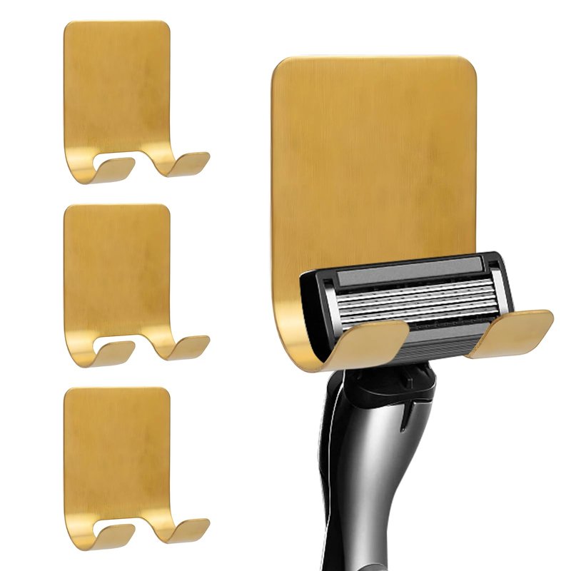 Glirops 4-Pack Gold Self-Adhesive Bathroom Hooks - 4lb Heavy Duty Waterproof Stainless Steel Wall Hooks for Shower Razor Towel Hanger Kitchen Organization