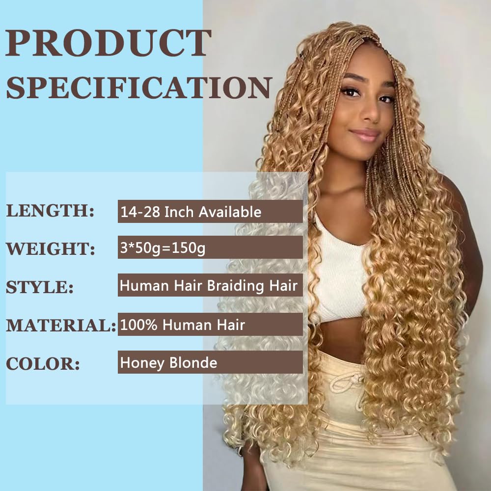 28 inch Human Braiding Hair for Boho Braids 150g Honey Blonde Deep Wave Braiding Hair for Bohemian Knotless 10A Deep Wave Bulk Bohemian 3 Bundles