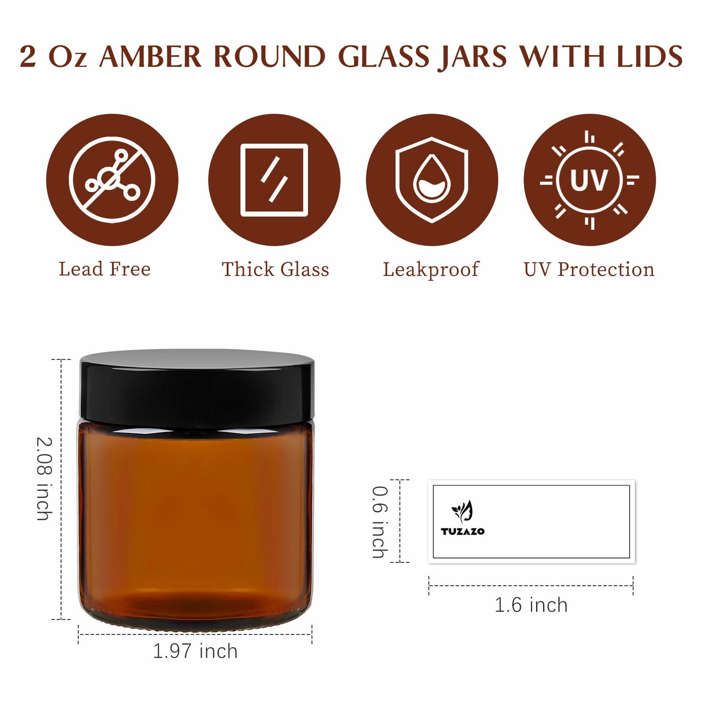2 Oz Glass Jars with Lids, 12 Pack Thick Amber Glass Jar with Inner Lid and Black Lid, Leakproof Round Airtight Empty Cosmetic Containers for Lotion Cream and Candle Making