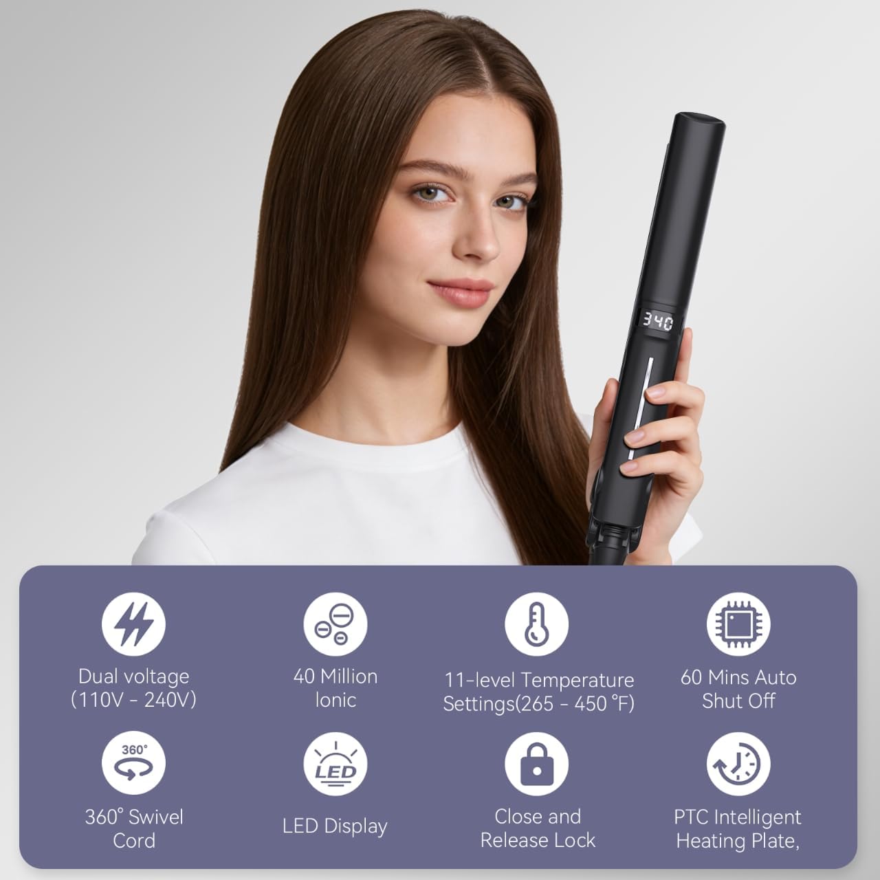 Ceramic Hair Straightener Flat Iron - 1 Inch Travel Size, Fast Heat, LED Display | 11 Temperatures, Dual Voltage, Frizz-Free Styling