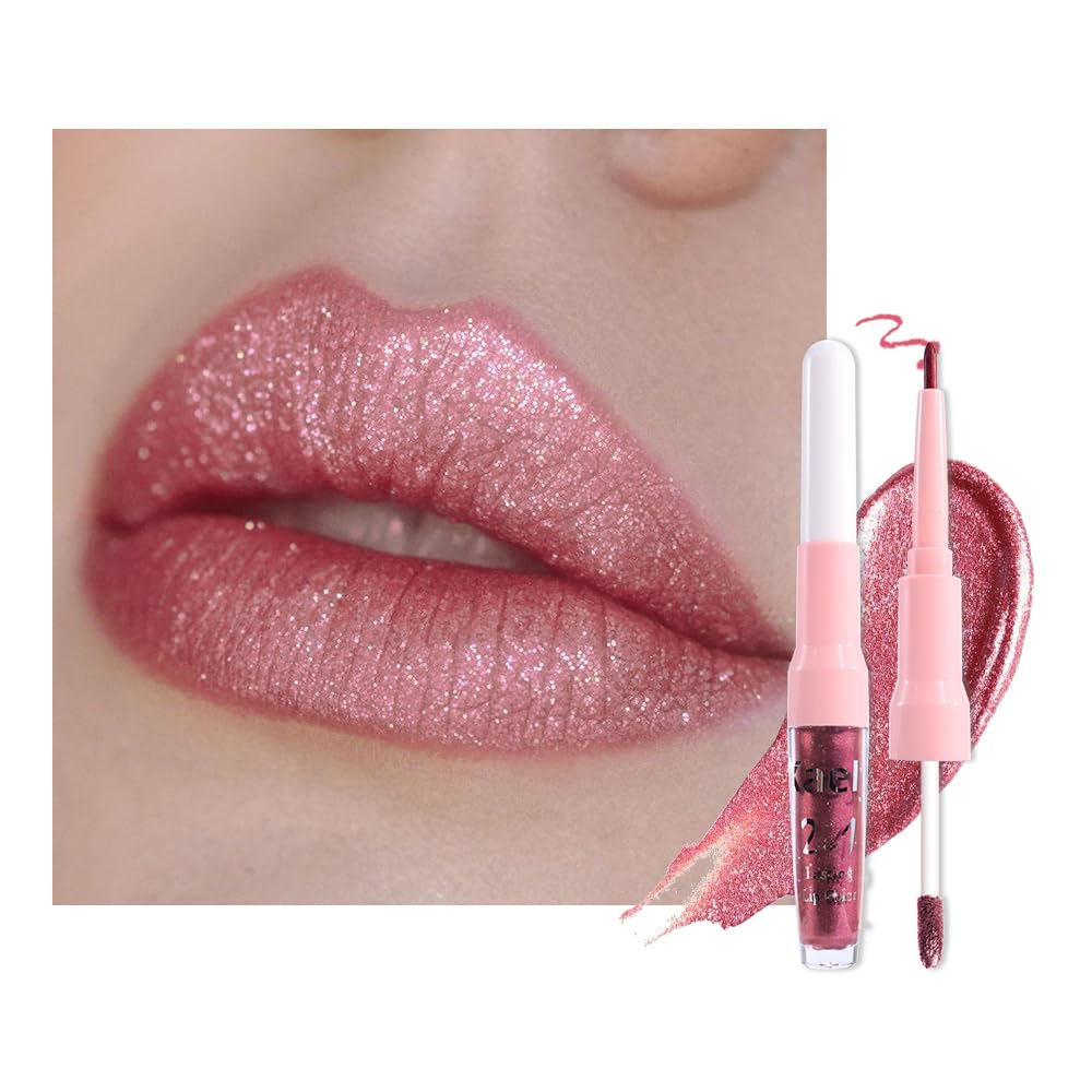 Kaely 2-in-1 Mauve Metallic Lipstick and Lip Liner Makeup, Shimmer Liquid Metallic Lipsticks for Women, Glitter Lip Gloss Stain Long Lasting Waterproof Smudge Proof 24 Hour, Vegan & Cruelty-Free, 16