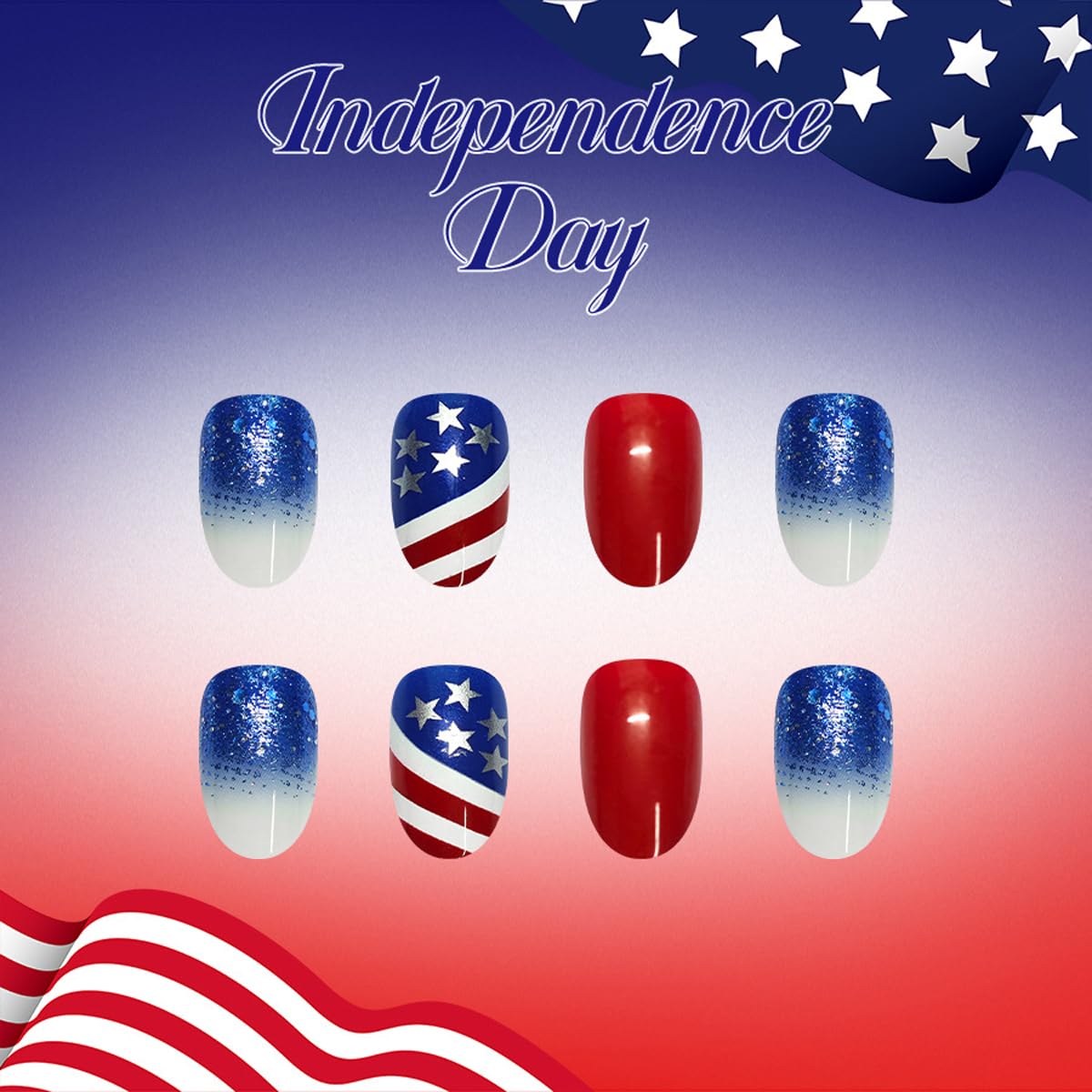 4th of July Press on Nails Medium Oval Patriotic Fake Nails with Star & American Flag Designs,Blue Glitter 4th of July Nails Independence Day Full Cover Stick on Nail for Women Manicure 24Pcs