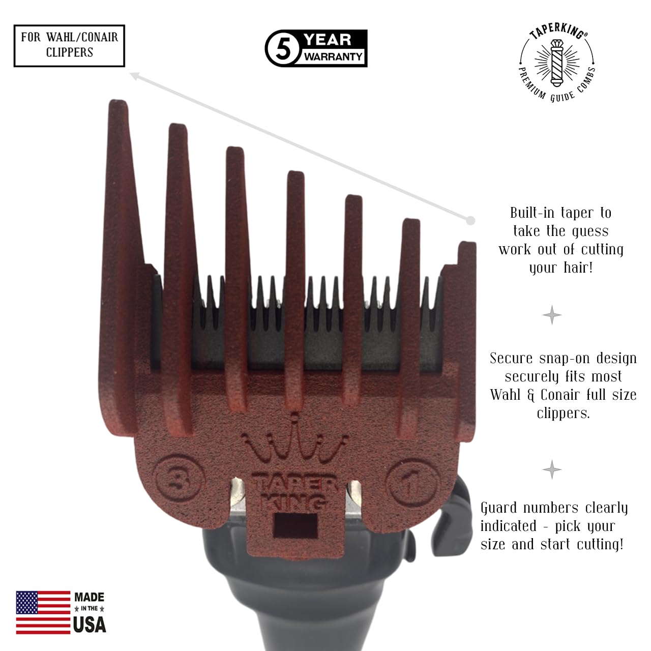Taper King Clipper Guide Combs - Fool Proof Tapers & Fades at Home! Ruby (#1 to #3) - Compatible with Wahl/Conair Clippers!