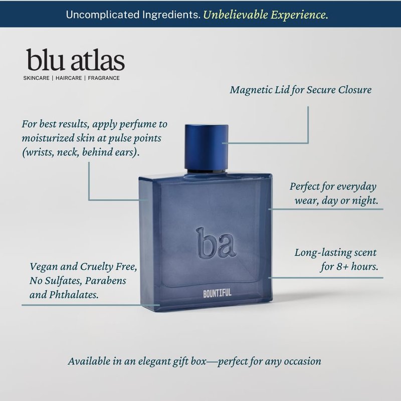 Blu Atlas Bountiful Eau De Parfum for Men- Long-lasting Woody and Floral Cologne With Violet, Oakmoss & Sandalwood, Clean Ingredients- 100 ml Sophisticated Fragrance for Everyday Wear