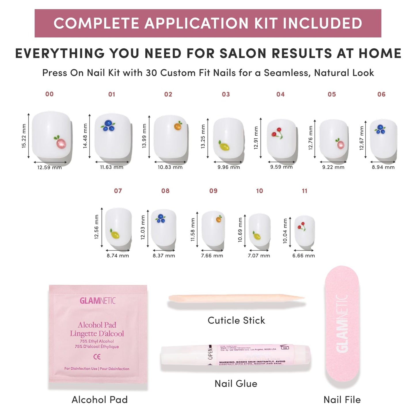 Glamnetic Press On Nails - White Extra Short 3D Fruit Nails | Salon Quality Summer Style | 30 Nail Kit with Glue