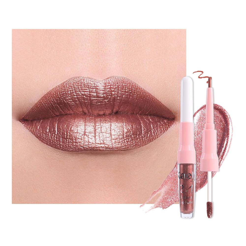 Dark Purple Red Metallic Glitter Lip Liner & Lipstick Combo - Long Lasting Waterproof Liquid Lipstick Set for Women | Iridescent Shine, Non-Stick Cup
