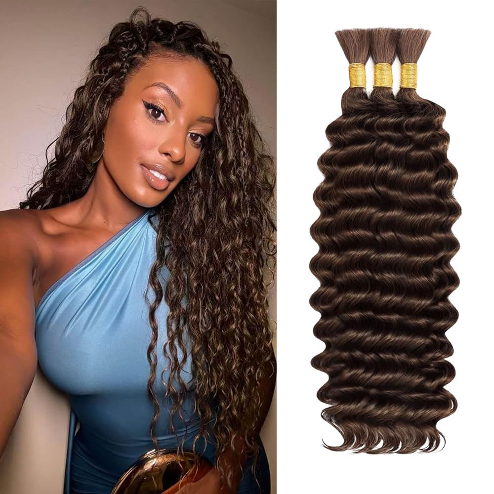 Color 4 Human Braiding Hair For Boho Braids Dark Brown Loose Deep Wave Bulk For Boho Braids 150G 20 Inch Chocolate Brown Curly Bohemian Hair For Braiding