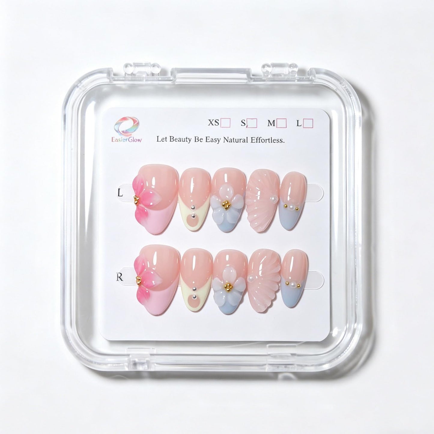 Handmade Short Almond Press On Nails - Easy Apply & Remove | Reusable Nude French Nails with Blue 3D Floral Accents (10 Pcs)