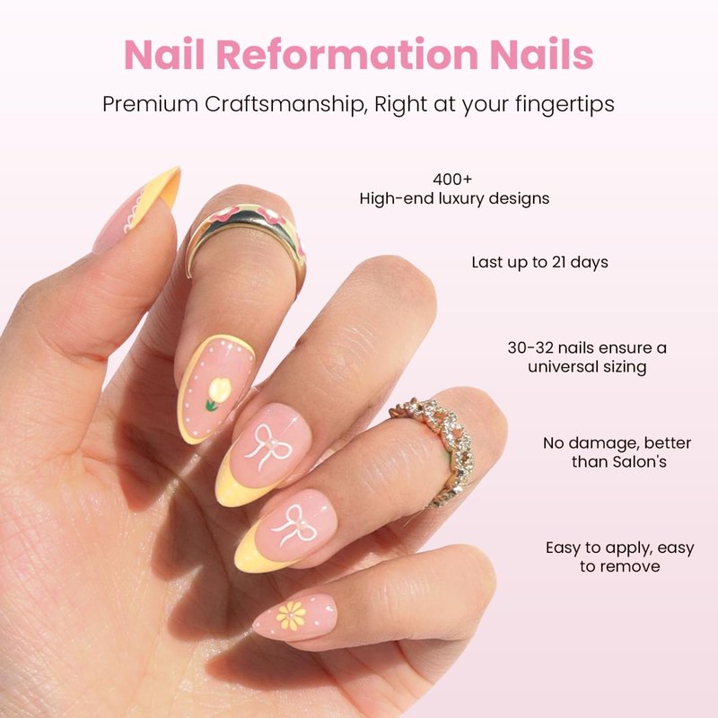 Press On Nails - Lemon Tart Soft Pink Short Almond with Wavy Yellow French Tips & 3D Jewels | 32 Pcs in 16 Sizes