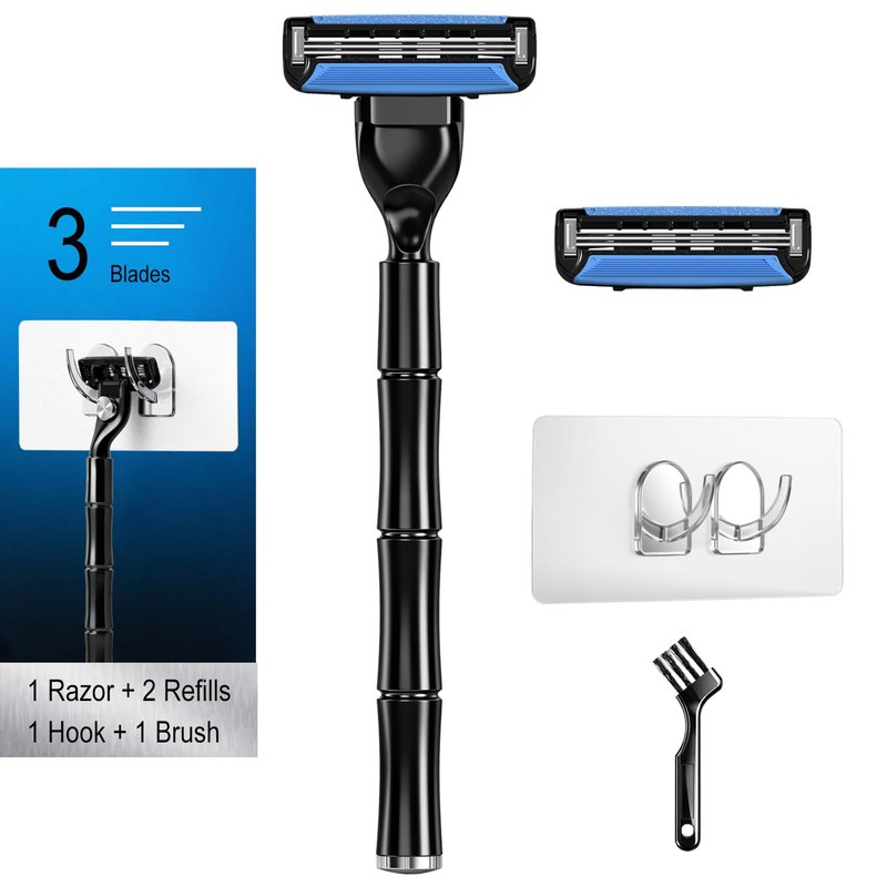 FYNEDGE 3-Blade Men Razor with Lubricating Strip & Pivoting Head - Safety Razor Blades Kit Includes 1 Handle, 2 Razor Blade Refills, Wall Hook & Cleaning Brush