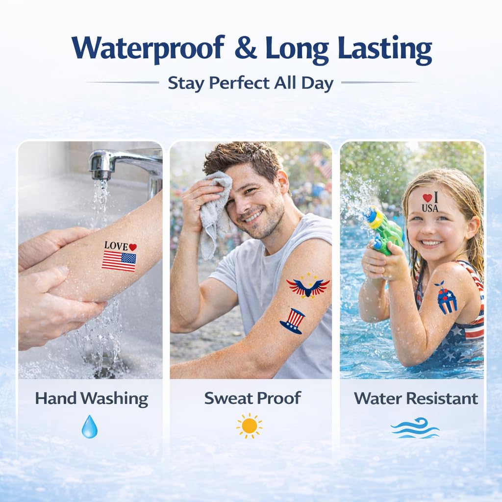 4th of July Temporary Tattoos - 90PCS Waterproof Patriotic American Flag Stickers | Perfect for Independence Day Parties & BBQs
