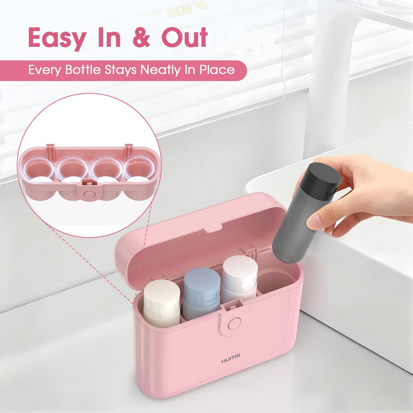 HUITAI Travel Bottles with Case, 4x2oz TSA Approved, Leak-Proof, Press to Unlock, Compact & Portable Travel Toiletries (Pink)