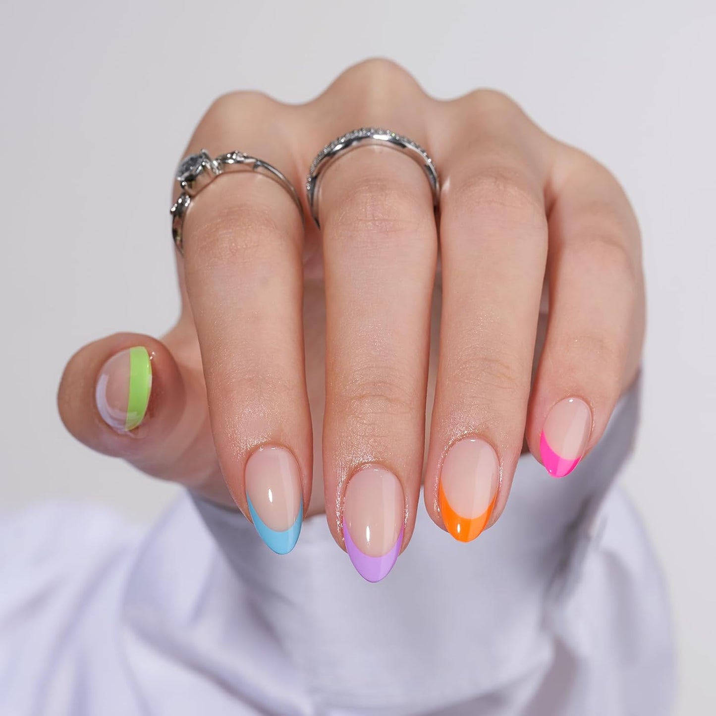 Press On Nails - 3D Butterfly French Tip Almond Design | Opaque Soft Gel, 16 Sizes, 32 Nail Kit