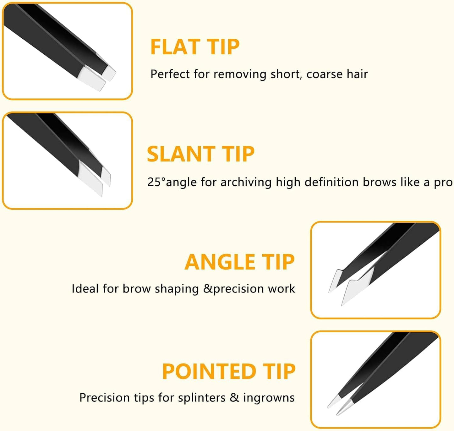 Precision Stainless Steel Tweezers Set - 4 PCS for Ingrown Hair, Facial Hair, Splinter & Blackhead Removal | Black