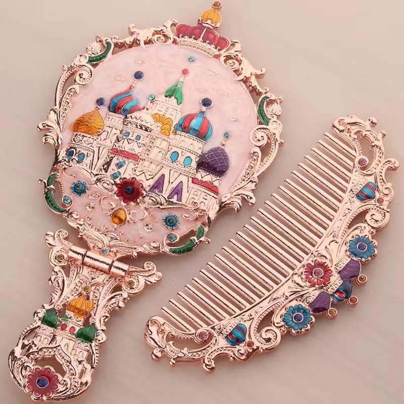 Vintage Handheld Makeup Mirror and Comb Set - Embossed Metal Vanity Gift