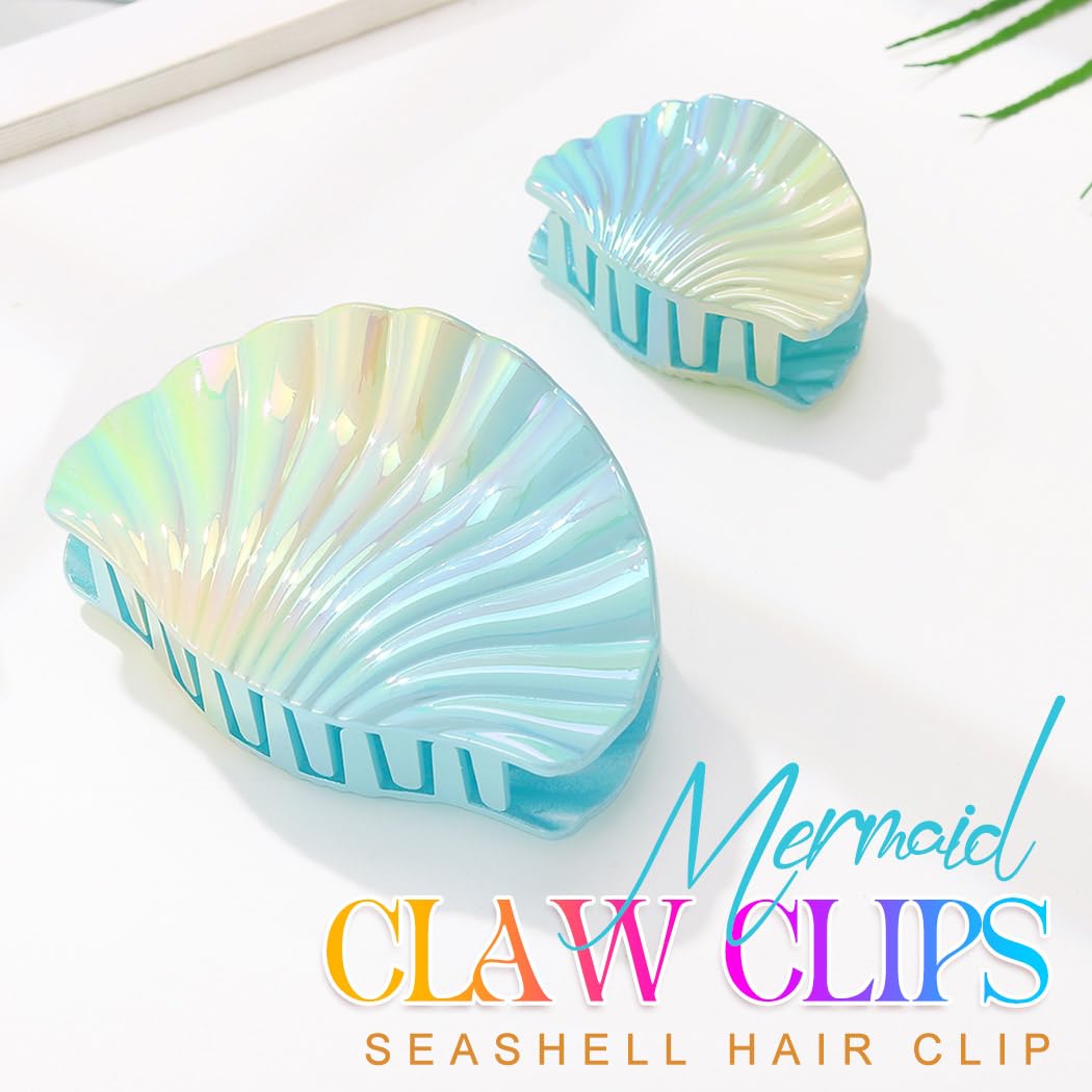 Seashell Hair Clips - Acrylic Claw Clips for Beachy Styles | Mermaid Hair Accessories (Blue, 2 Pieces)