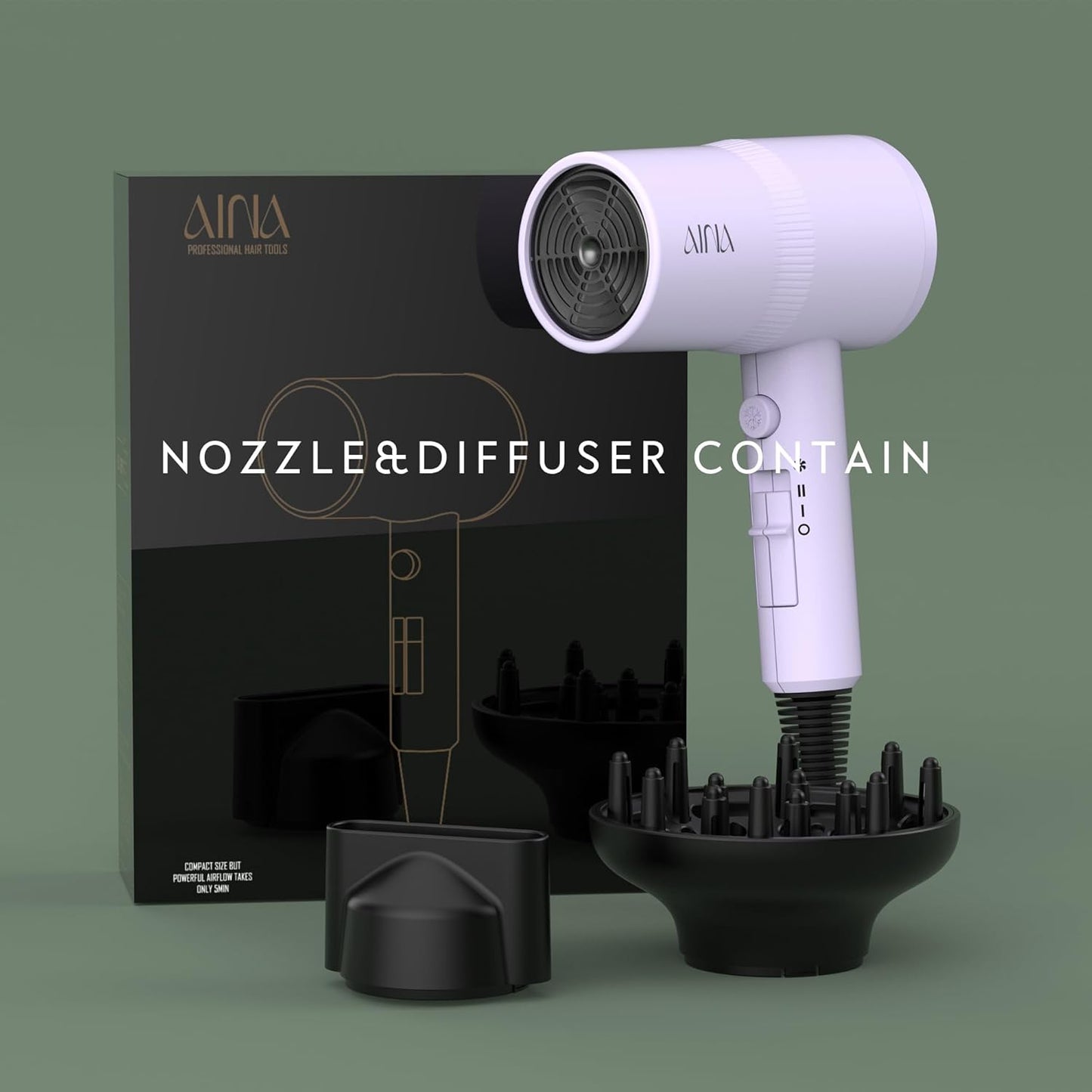 AINA Hair Dryer with Diffuser - Advanced Ionic Technology & Ceramic Coating | Fast Drying & Shine 110V (Purple)