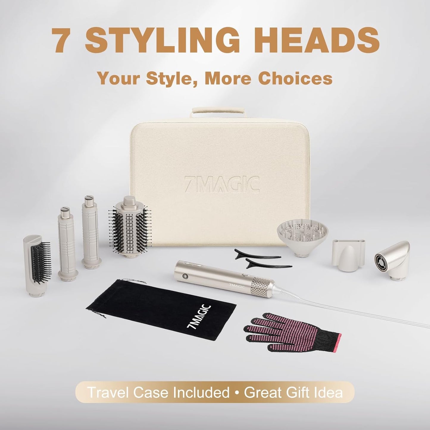 7MAGIC 7-in-1 Hot Air Styler - Versatile Hair Dryer Brush with Auto-Wrap Curlers | Fast Drying & Volumizing, Champagne Gold