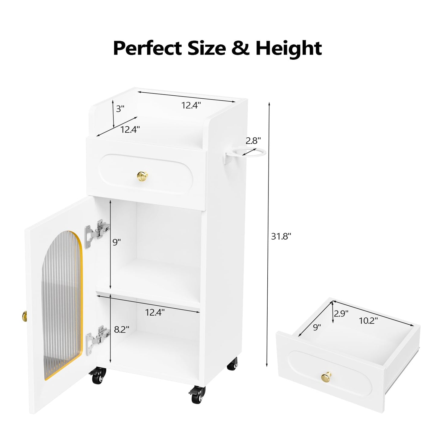 OmySalon Salon Cart with Wheels, 3-Tier Rolling Beauty Cart with Glass Door & Dryer Holder, Mobile Hair Styling Station for Barber, Spa, Esthetician, Nail & Tattoo Artists, Lockable Storage, White