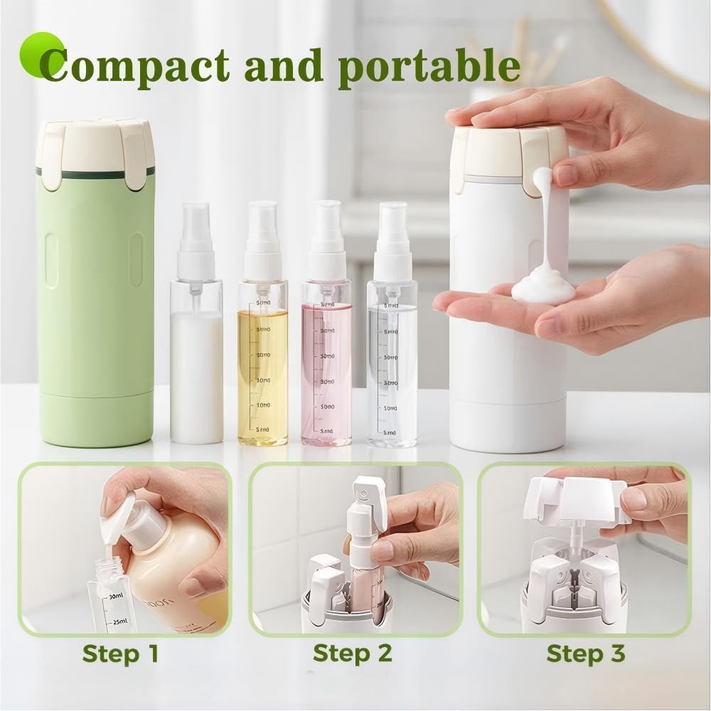 4 in 1 Travel Dispenser Bottle - Refillable Leak-Proof Toiletry Containers | Transparent Green with Scale & Label