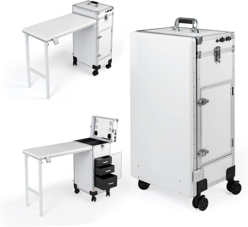 Portable Nail Desk - LED Mirror, Foldable Manicure Table with 3 Drawers | Mobile Nail Tech Workstation (White)