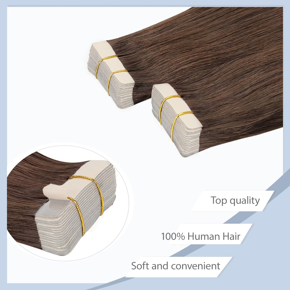 #4 Brown Tape in Extensions Human Hair 22 Inch Chocolate Brown Straight Tape in Seamless Extensions Dark Brown Hair Skin Weft Seamless Invisible Remy Hair 40g 10Pcs.