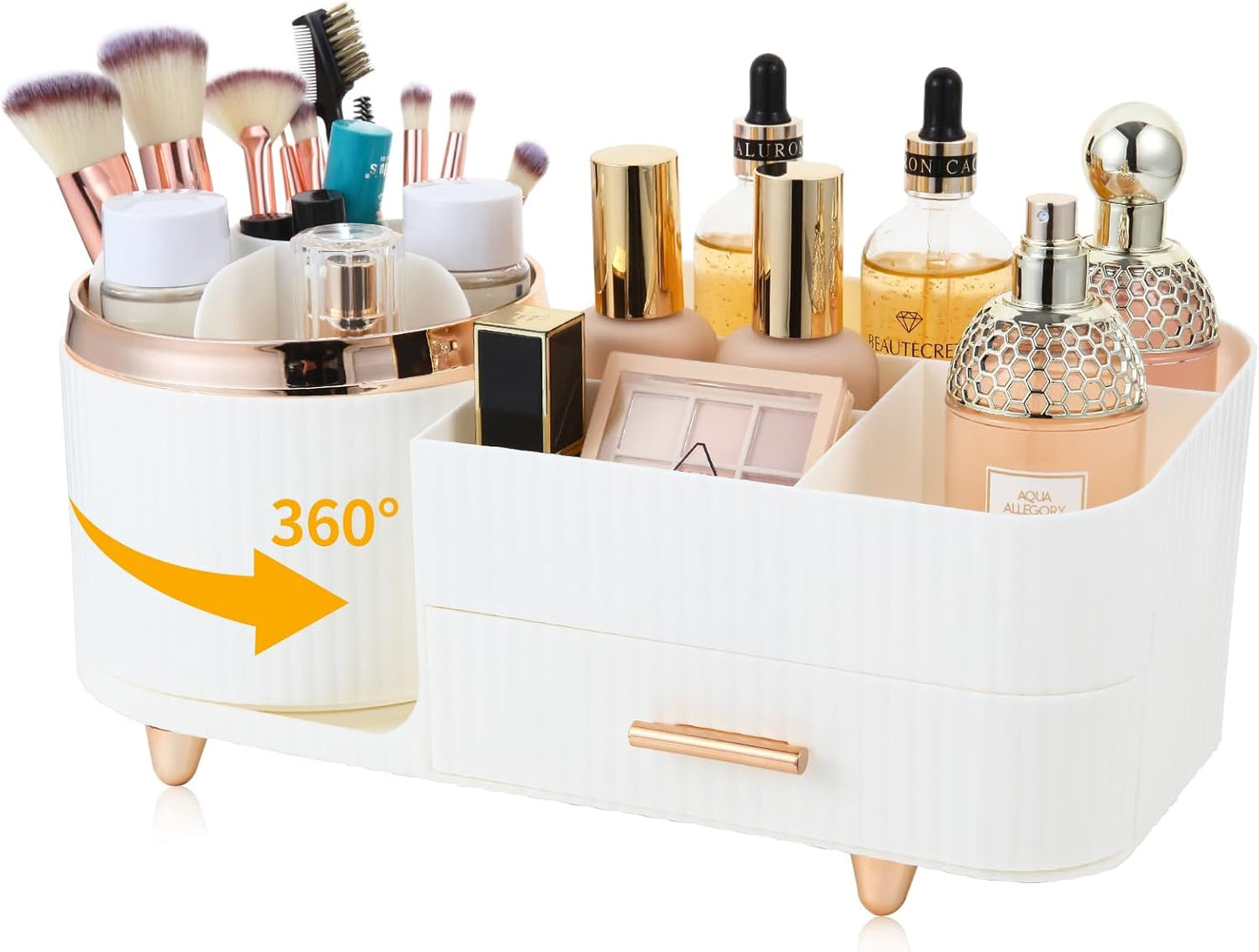 Makeup Organizer - 360° Rotating Brush Holder with Drawer | Large Capacity Skincare & Cosmetic Display - Green