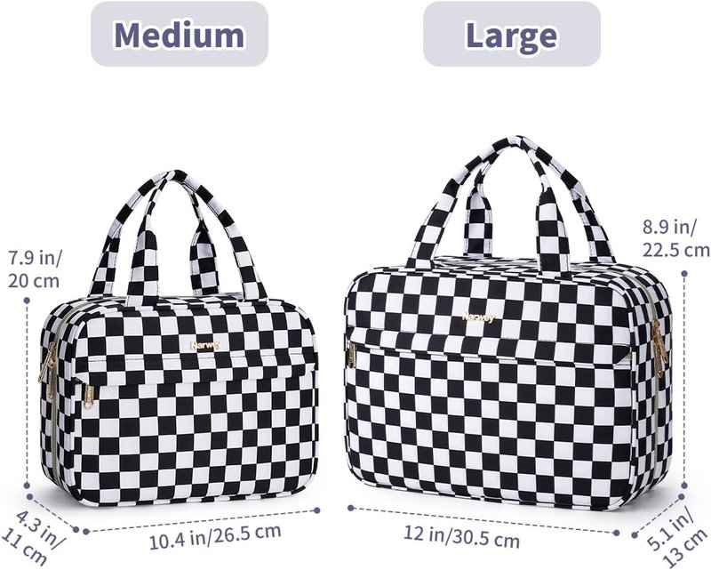 Hanging Toiletry Bag for Women - Checkered Travel Makeup Organizer | Black Checkerboard, Medium Size