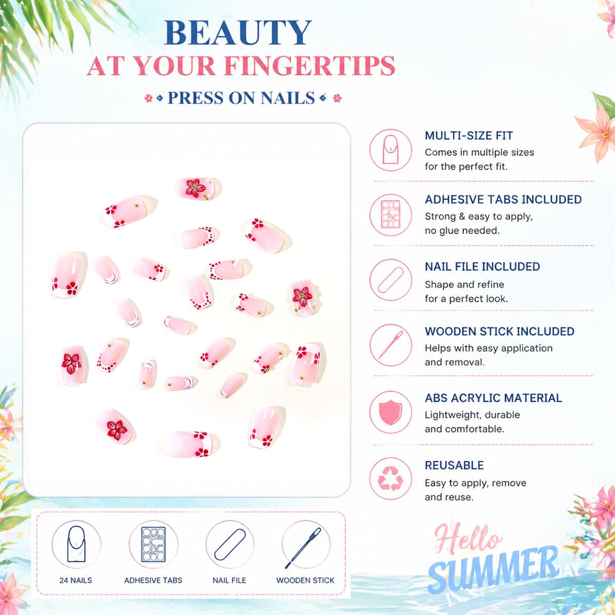 Press On Nails - Pink Flower Medium Square French Tip with 3D Floral Design | 24 Pcs Full Cover Acrylic Nails