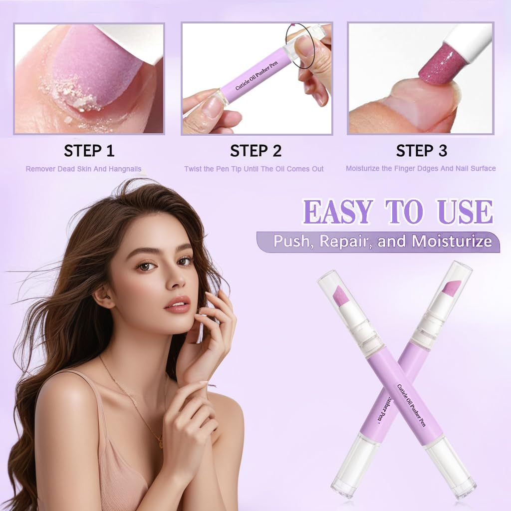 Cuticle Oil Pusher Pen - 4-in-1 Nail Care Tool for Dry, Damaged Nails | Moisturizing & Strengthening (Pink & Purple)
