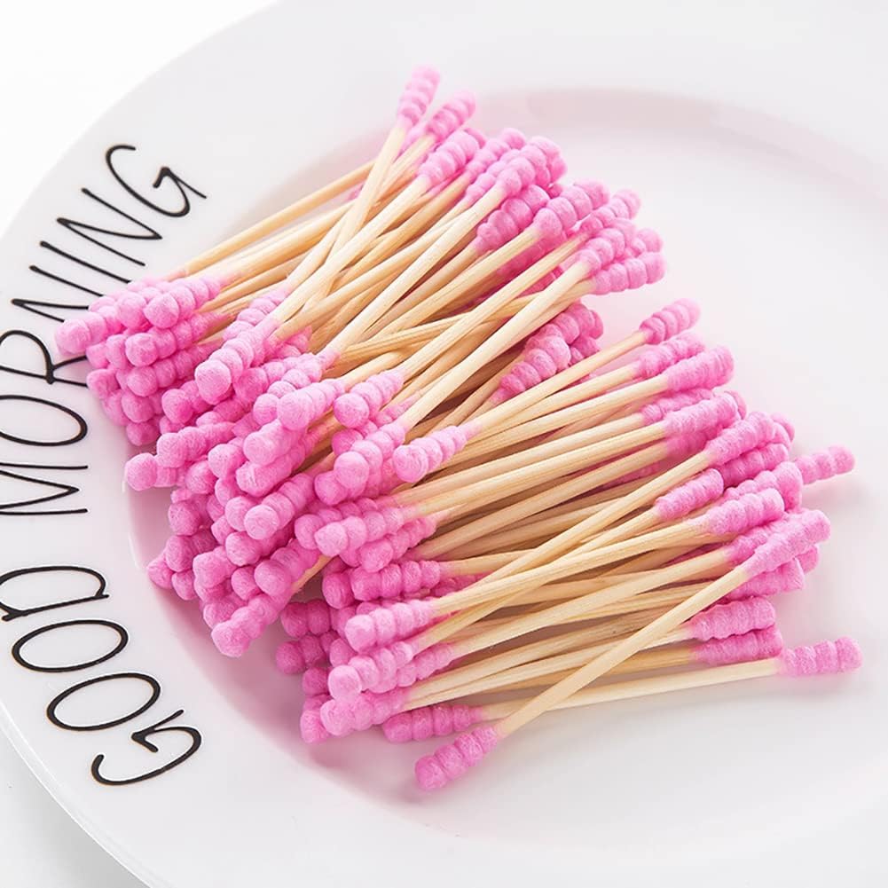200 Pcs Pink Double Head Cotton Swabs - Ear Cleaning & Makeup Remover Buds | Spiral Cotton Heads