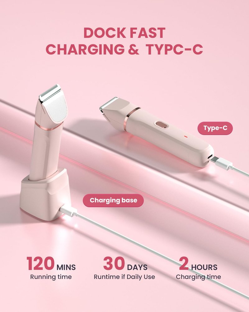 Bikini Trimmer for Women - 5 in 1 Electric Razors for Ladys Pubic Facial Nose Body Leg Hair Removal, Waterproof Electric Shaver for Women Private Area Sensitive Skin, Personal Hair Trimmer-Pink