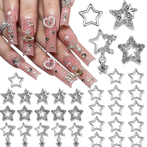 30PCS Star Nail Charms - 3D Silver Pentagram Nail Art Gems