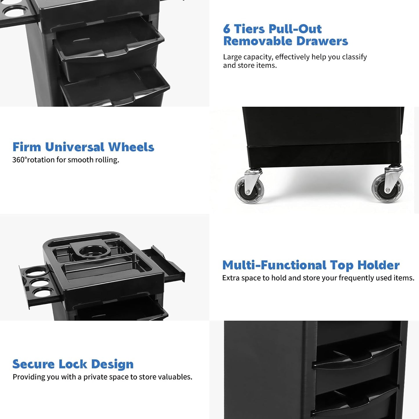 Salon Beauty Rolling Trolley Cart - Black Hair Storage Cabinet with Multi Drawers & 4 Universal Wheels | Barber Organizer